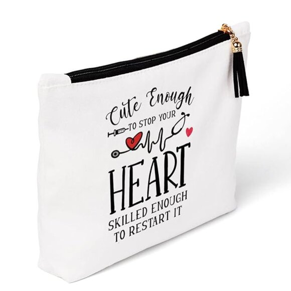 NEW IN BAG White Canvas Makeup Bag with Heartbeat Design Graphic and Tassel Zip - Picture 1 of 7